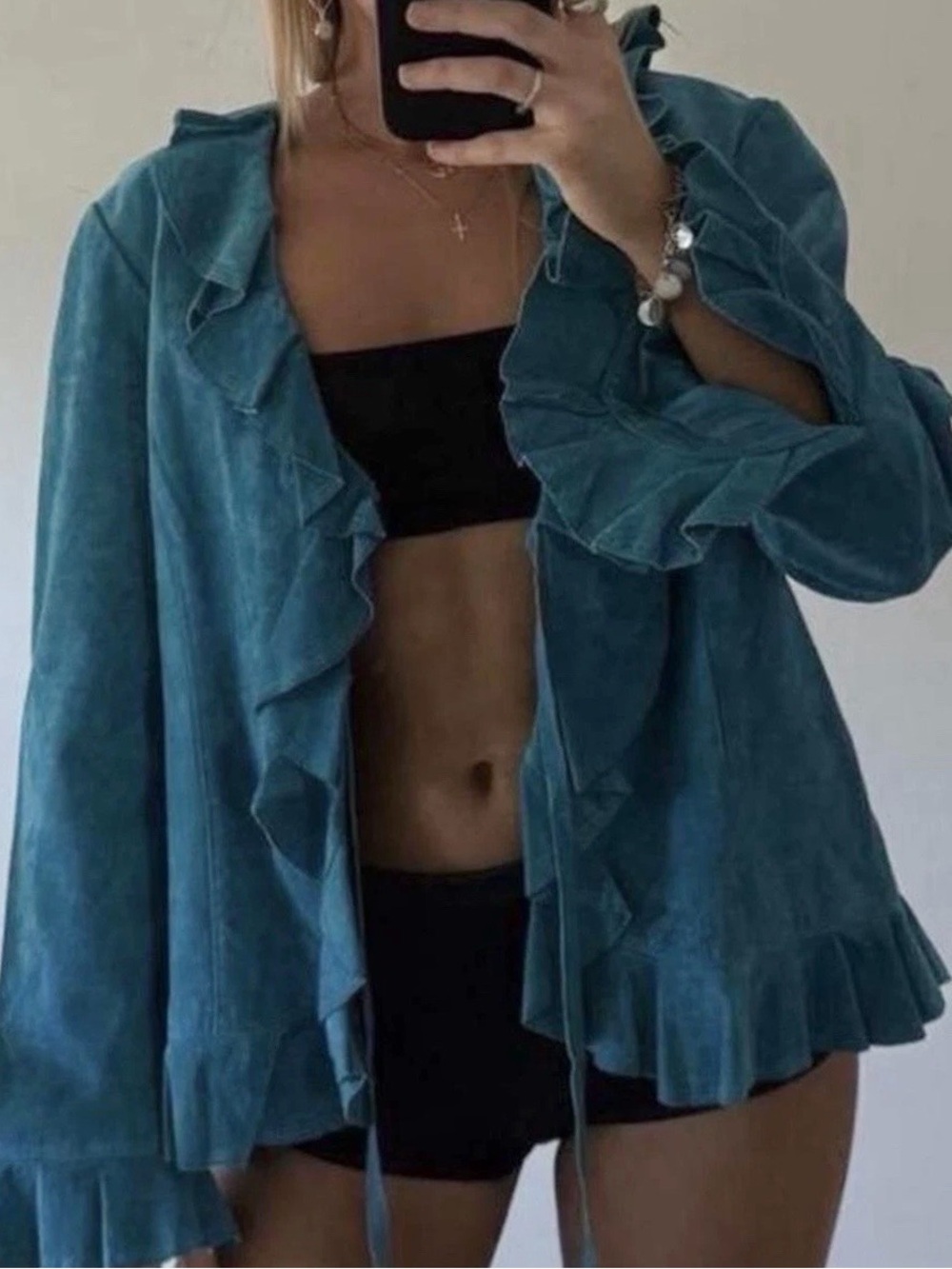 North style genuine suede leather Ruffled Open Front Teal Jacket L